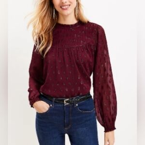 Loft Purple Pleated Yoke Long Sleeve Blouse With Subtle Pattern M